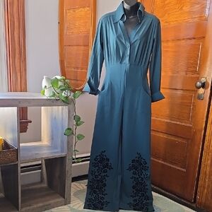 Chiara Boni Teal Green Long-Sleeve Wide-Leg Jumpsuit with Black Velvet Appliqué